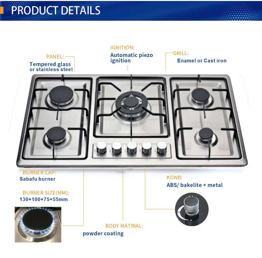 Stainless Steel Built in Panel 5 Burners Cooktop Gas Hob